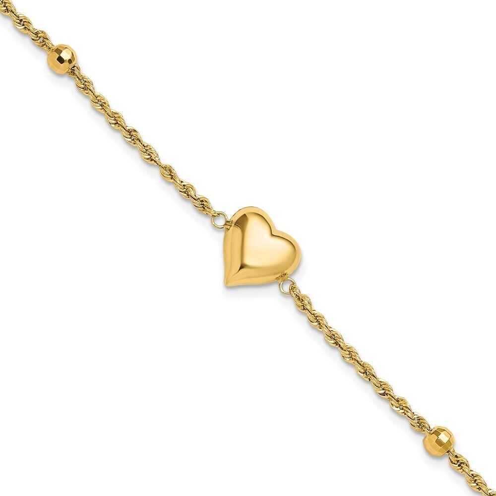 Kazi Luxury 14k Polished and D/C Beaded Puff Heart 7.75in Bracelet